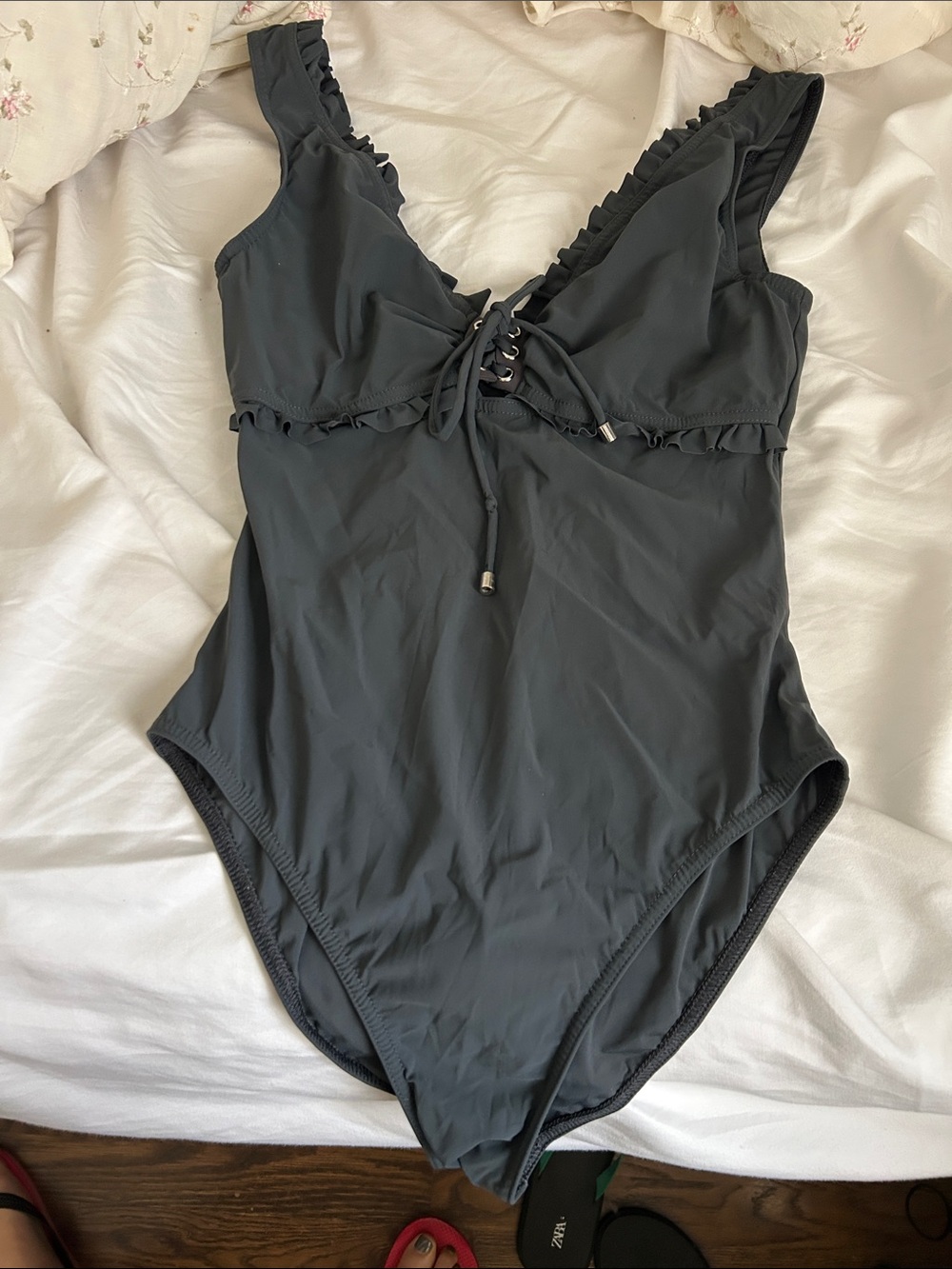 Classic Ruffle Lace-Up One-Piece Swimsuit - Black